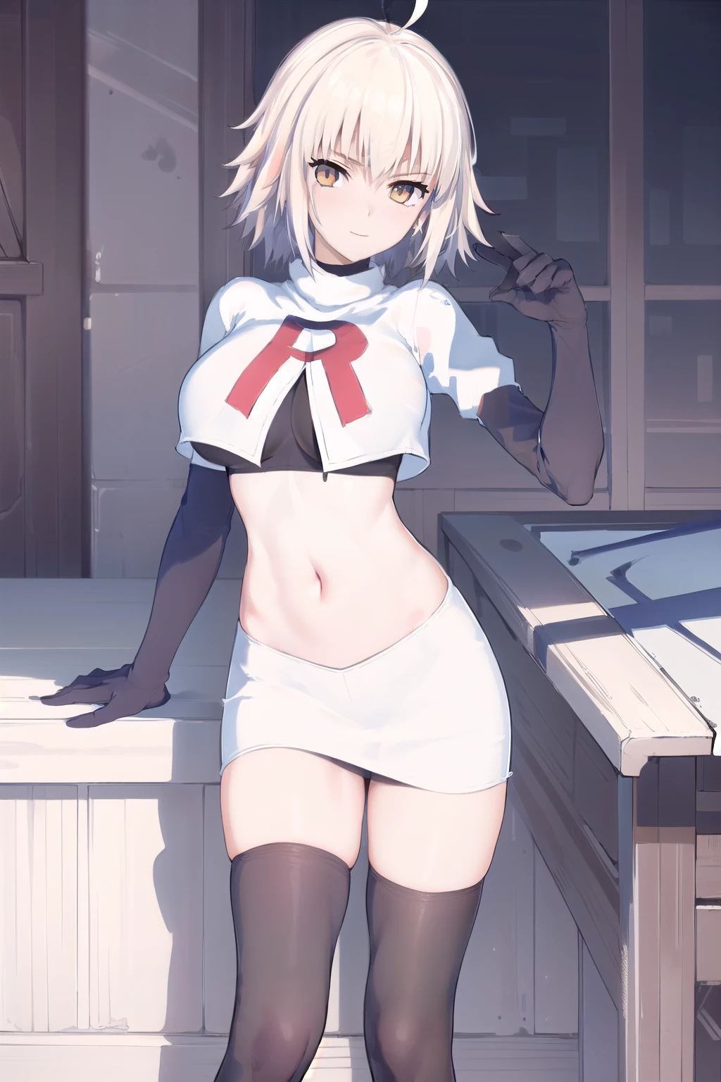 ((masterpiece, best quality,distinct image)), 1girl,solo, jeanne d'arc alter, large breasts, ahoge,looking at viewer, cowboy shot, team rocket,team rocket uniform,white skirt,red letter R,crop top,black thigh-highs,black elbow gloves