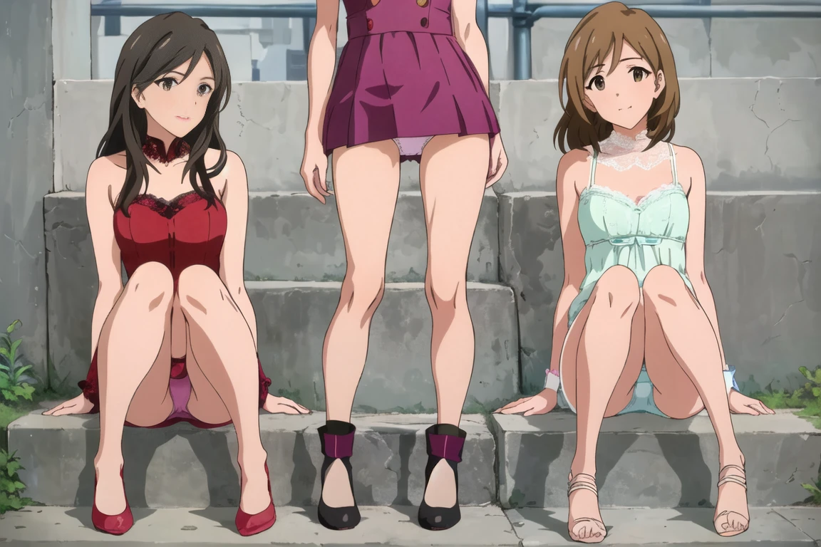 highest quality, Ultra-high resolution, (Realistic: )2D official style cel animation,((Three skinny girls sitting side by side on the stairs in front of the station))Idol Costumes.mini skirt,(Lace panties),Knee-high boots、Full body portrait,(The Idolmaster Shiny Colors),Live Stage、from the front