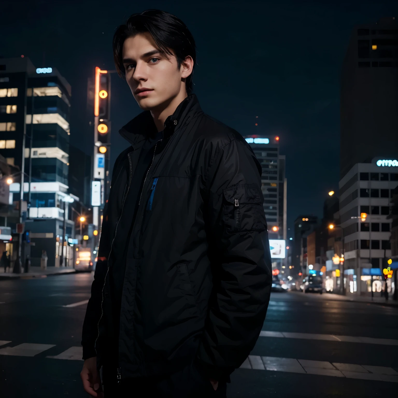 (high quality, 4k, night scenes) 21 year old young man, black hair, black jacket, bright blue eyes, city, artificial lighting