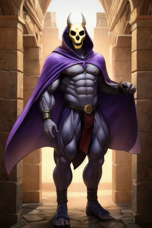 muscular blue humanoid with a purple cape over his yellow skull