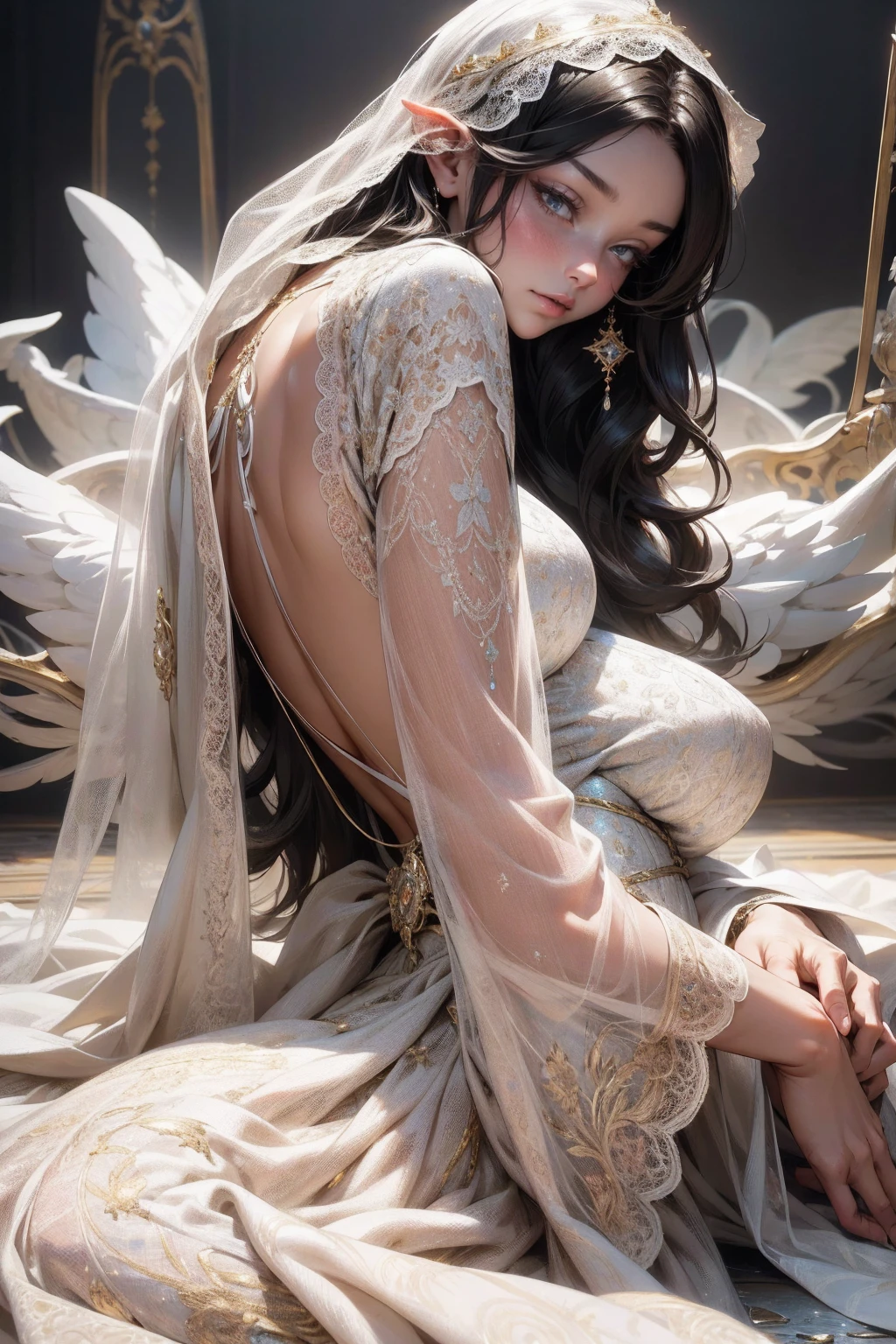 {-erro_de_anatomia:1.0}(best quality,4k,8k,highres,masterpiece:1.2), ultra-detailed, (realistic,photorealistic,photo-realistic:1.37), mature milf, illyasviel von einzbern, black hair, upper body, vibrant colors, glowing skin, mesmerizing eyes, brown eyes, elegant pose, enchanting background, delicate lace dress, surreal lighting, ethereal atmosphere, mystical aura, intricate details, artistic medium, digital illustration, fantasy, anime, laying on the floor, backwards, looking back