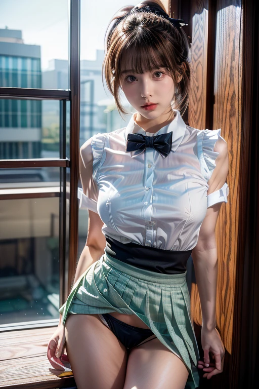 UHD, anatomically correct, textured skin, best quality, 8k,Canon, Canon, foreshortening,Cubist Futurism, modern, Realism, Contemporary art, Action painting,drop shadow, blending、Small Breasts, Svelte Body、(masterpiece:1.2, highest quality), (Realistic, photoRealistic:1.4), Beautiful illustrations, (Natural Side Lighting, Cinema Lighting), , (View Viewer), 1 girl, Japanese, high school girl, Perfect Face, Cute and symmetrical face, Shiny skin, , (short hair:1.5, Side Ponytail:1.2, light Brown hair), Swept-apart bangs, Emerald green eyes, Droopy eyes, Long Eyelashes, (Big Breasts:0.6), Beautiful Hair, Beautiful Face, Beautiful fine details, Beautiful clavicle, Beautiful body, Beautiful breasts, Beautiful thighs, Beautiful feet, ((Symmetrical clothing, White collared shirt, Black pleated skirt, Dark green bow tie, Brown ), Pink panties, ), Black socks, Brown knitted vest, (Beautiful views), Daytime, School rooftop, (Look forward), (Annoyed expression, Blushing, Embarrassed expression), (((Skirt lift, ))),