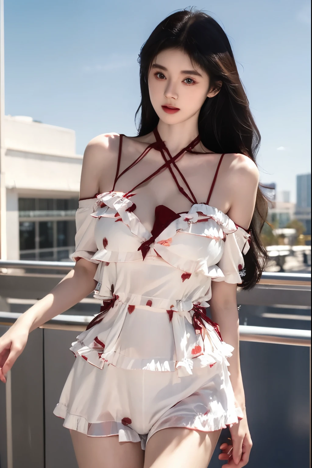 Beautiful woman with perfect body:1.4,Layered Hairstyle,Prominent cleavage:1.2,Highly detailed face and skin textures,Double eyelids,Skin Whitening,Long hair,Whitened long legs,Standing on campus,Blue sky and white clouds