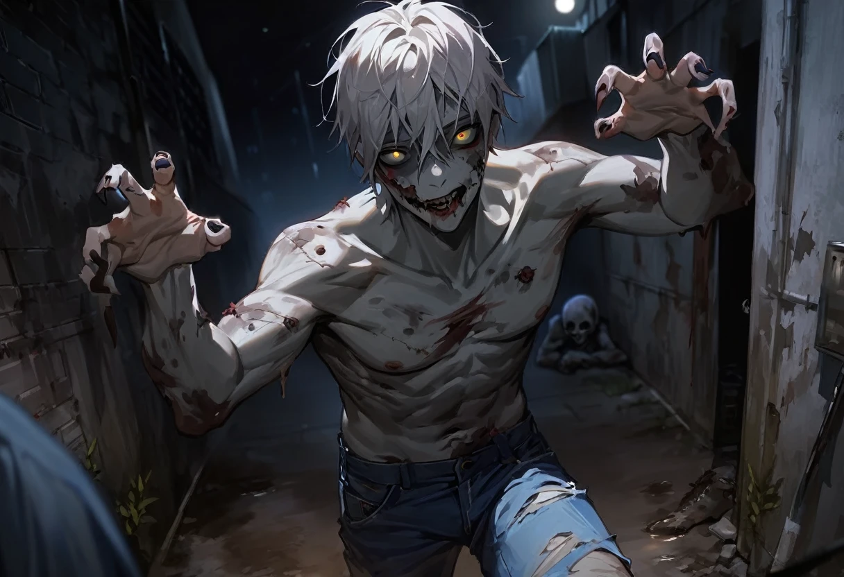 High resolution, masterpiece, high quality,male, zombie, Ghoul, torn skin, White, thin hair, Blue Denim Jeans, Attack, Looking Camera,Muddy, Back alley at night, Midnight, full moon, Dark atmosphere,Spooky lighting,複数のzombie,Exhaustion