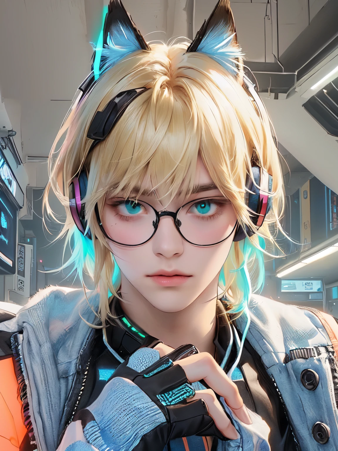 blond haired boy with glasses and a pair of cat ear on his head, his hair is whit with green and blue stripes halfbody headshot, e - boy, cyberpunk dyed haircut, with head phones, neon gaming room as a back ground