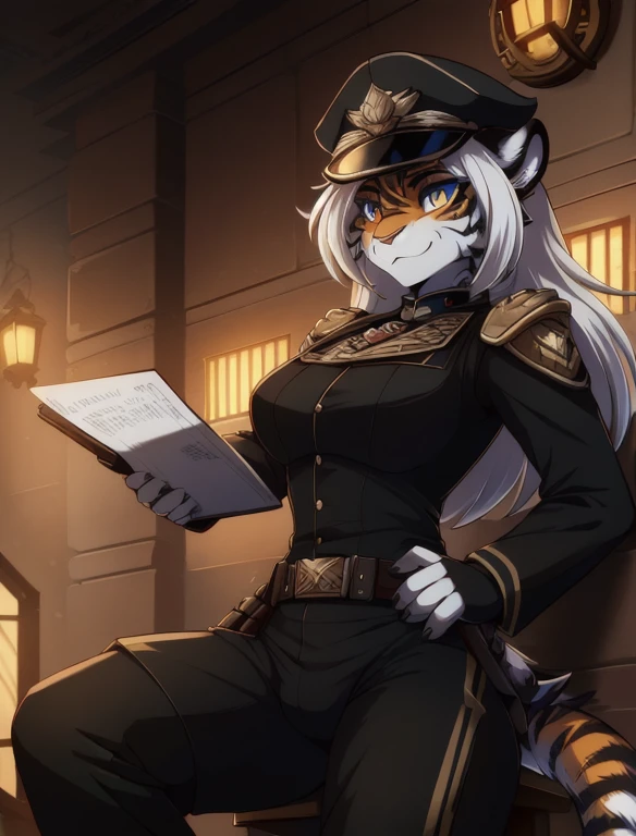 Warhammer_40 thousand_Commissar,((masterpiece)), (Best quality), (detailed), Black uniform, mascara, Eyeliner, eyeshadow, Upper body, pomade, anthro furry fox, wicked, bristle,
 (8k contract, masterpiece, Best quality, High quality, absurdity, ultra-detailed), sitting in an office, white background