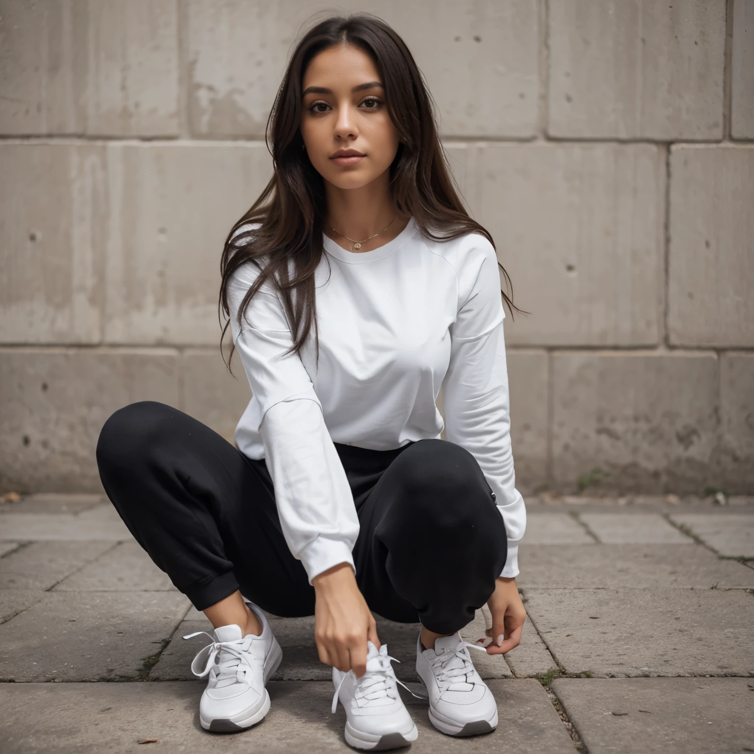 Mulher morena de cabelo cacheado e curto na cor castanha, olhos castanhos, black sweatpants,white blouse and gray sneakers