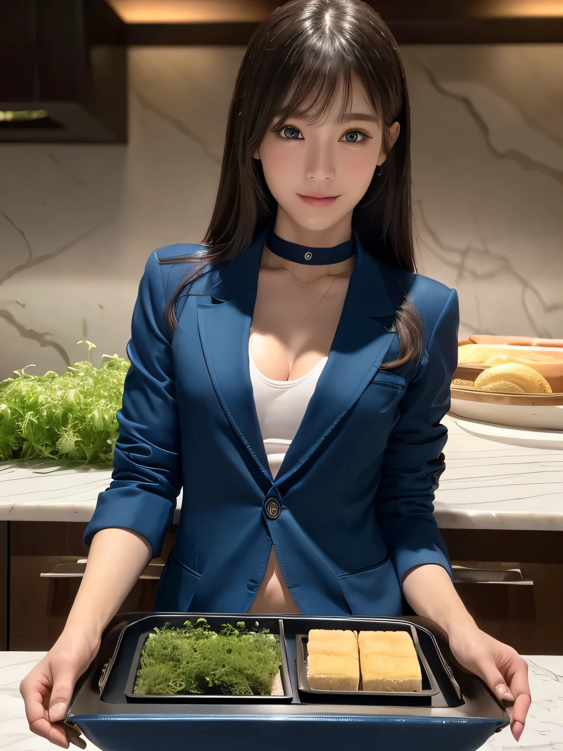 (highest quality, masterpiece:1.3, 超A high resolution), (Super detailed, Caustics), (Realistic:1.4,RAW shooting,)Ultra-Realistic Capture,Very detailed,High resolution 16k, Human skin close-up, The skin texture is natural, It must be detailed enough to be easily identifiable.。 Skin should look healthy and have an even tone。 Use natural light and color, ((Dark Blue Blazer:1.4)), ((The body is slim)), girl, Japanese, 18-year-old, cute, Long Hair, Big Breasts, smile, Turn your body forward, (View from the front:1.1), Looking into the camera, Cowboy Shot,vision, focused on the chest, Light Brown Hair, ((Black choker)), Very long, bushy eyelashes, blue eyes, bangs、Luxury hotel lounge, Marble wall, sofa, ((Herbs on a tray, luxurious counter, Over the counter:1.4))