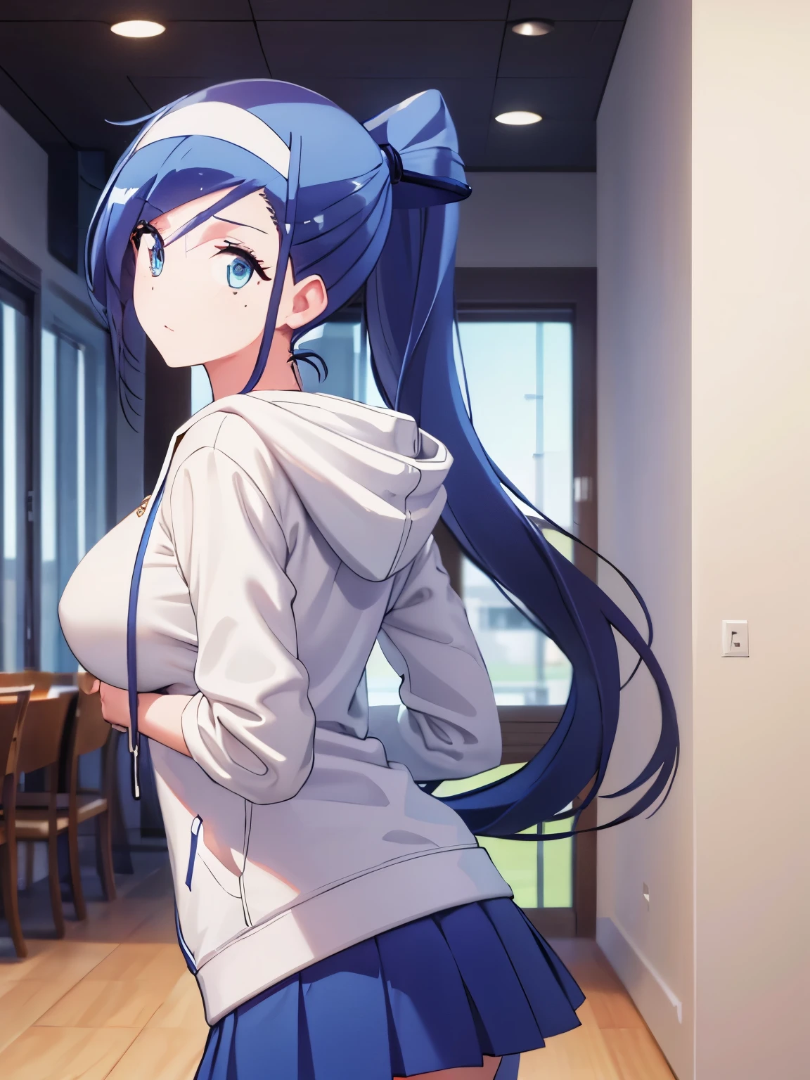 1woman,super beautiful,Stand, facing left, camera angle from the side, looking away, photo from the side,half body photo,Beautiful eyes, very detailed face,cute, tennis skirt,HD face, perfect face, white hoodie,long hoodie,black mini skirt,Very big breasts,ponytail,bangs,blue eyes,ultra detail,ultra Hd, masterpiece,4k