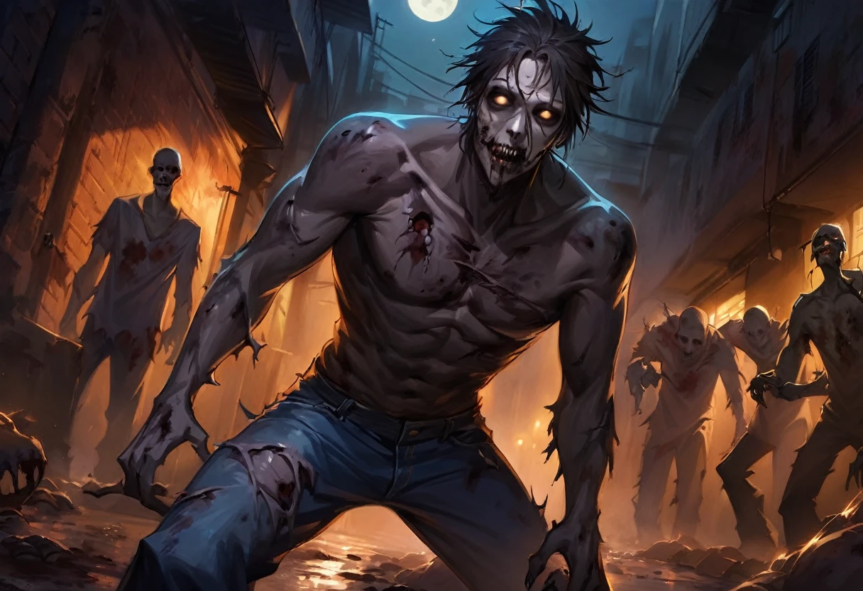High resolution, masterpiece, high quality,male, Zombie King,King of Zombies,rich, Ghoul, torn skin, White, thin hair, Blue Denim Jeans, Attack, Looking Camera,Muddy, Back alley at night, Midnight, full moon, Dark atmosphere,Spooky lighting,Multiple zombies,Exhaustion