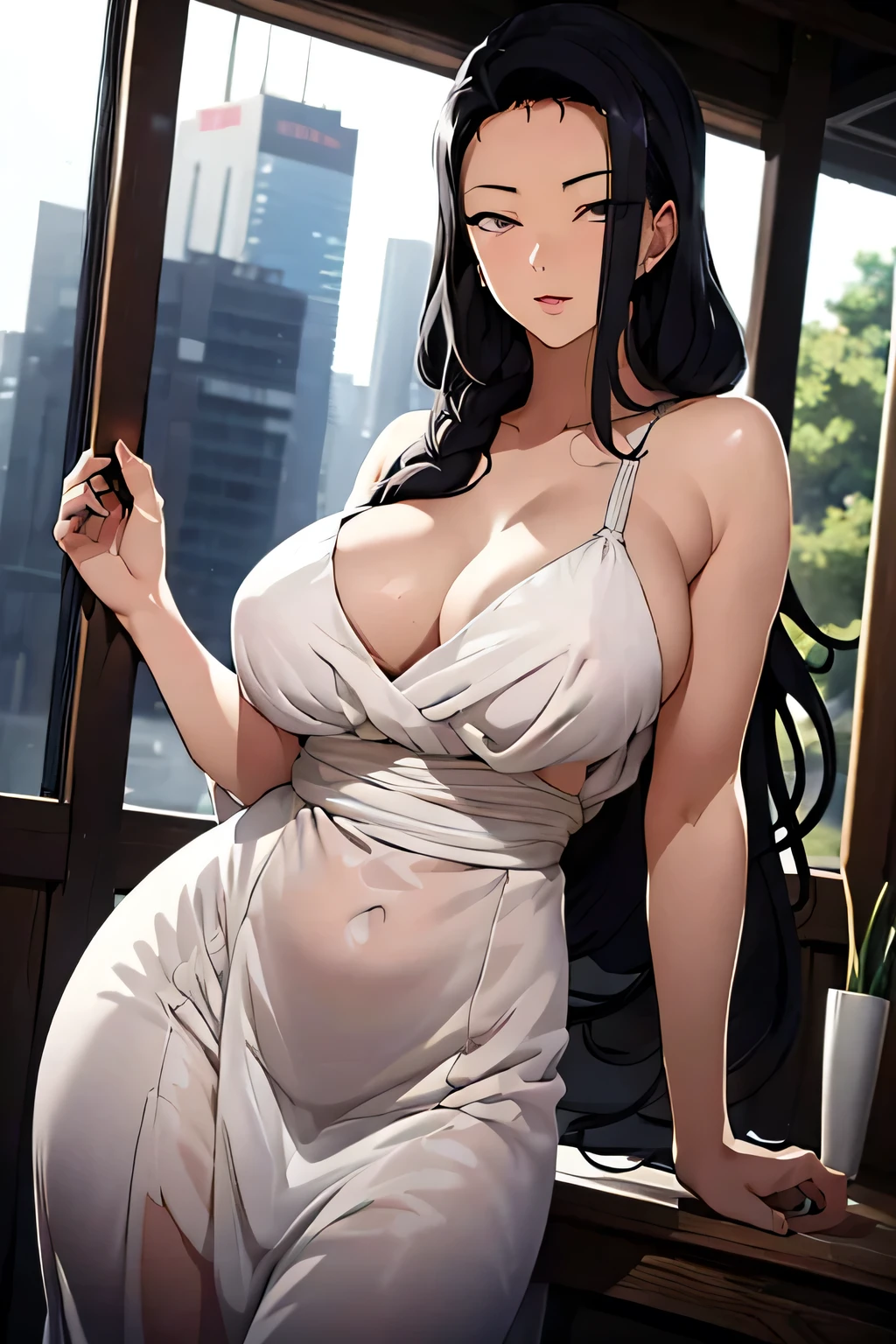 1 woman, tsubaki miyajima, long dark hair, ((detailed eyes:1.2)), wearing translucent wedding dress, sexy, sensual, sleeveless, sideboob, underboob, masterpiece, top quality, best quality, official art, beautiful and aesthetic:1.2), extreme detailed, colorful, highest detailed