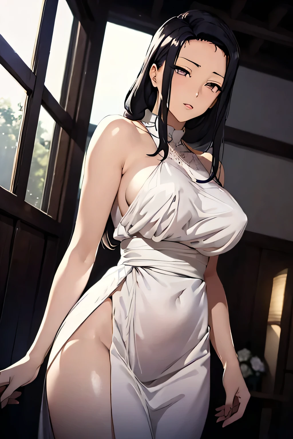 1 woman, tsubaki miyajima, long dark hair, ((detailed eyes:1.2)), wearing translucent wedding dress, sexy, sensual, sleeveless, sideboob, underboob, masterpiece, top quality, best quality, official art, beautiful and aesthetic:1.2), extreme detailed, colorful, highest detailed