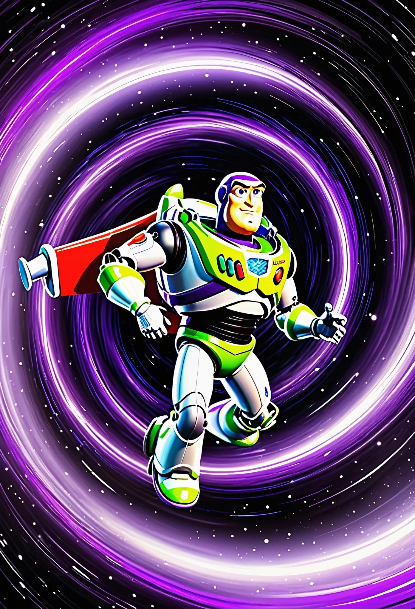 best quality, super fine, giant buzz lightyear, delicate and dynamic, background black and purple swirling black hole, galaxy, motion blur, action blur, various image effects