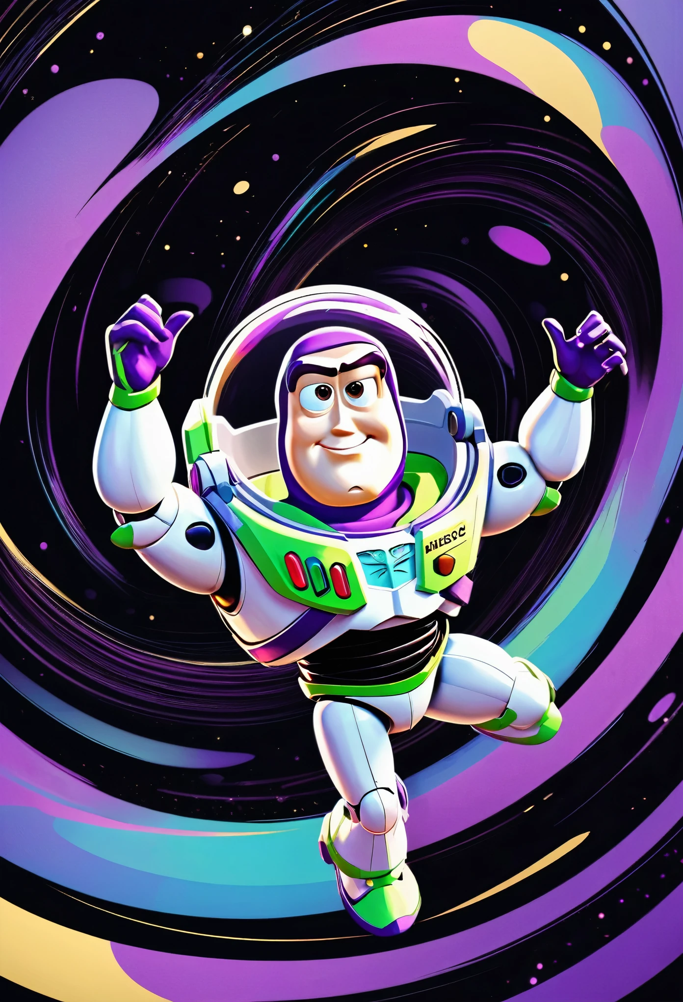 best quality, super fine, 16k, delicate and dynamic, chibi buzz lightyear, background black and purple swirling black hole, galaxy, motion blur, action blur, various image effects