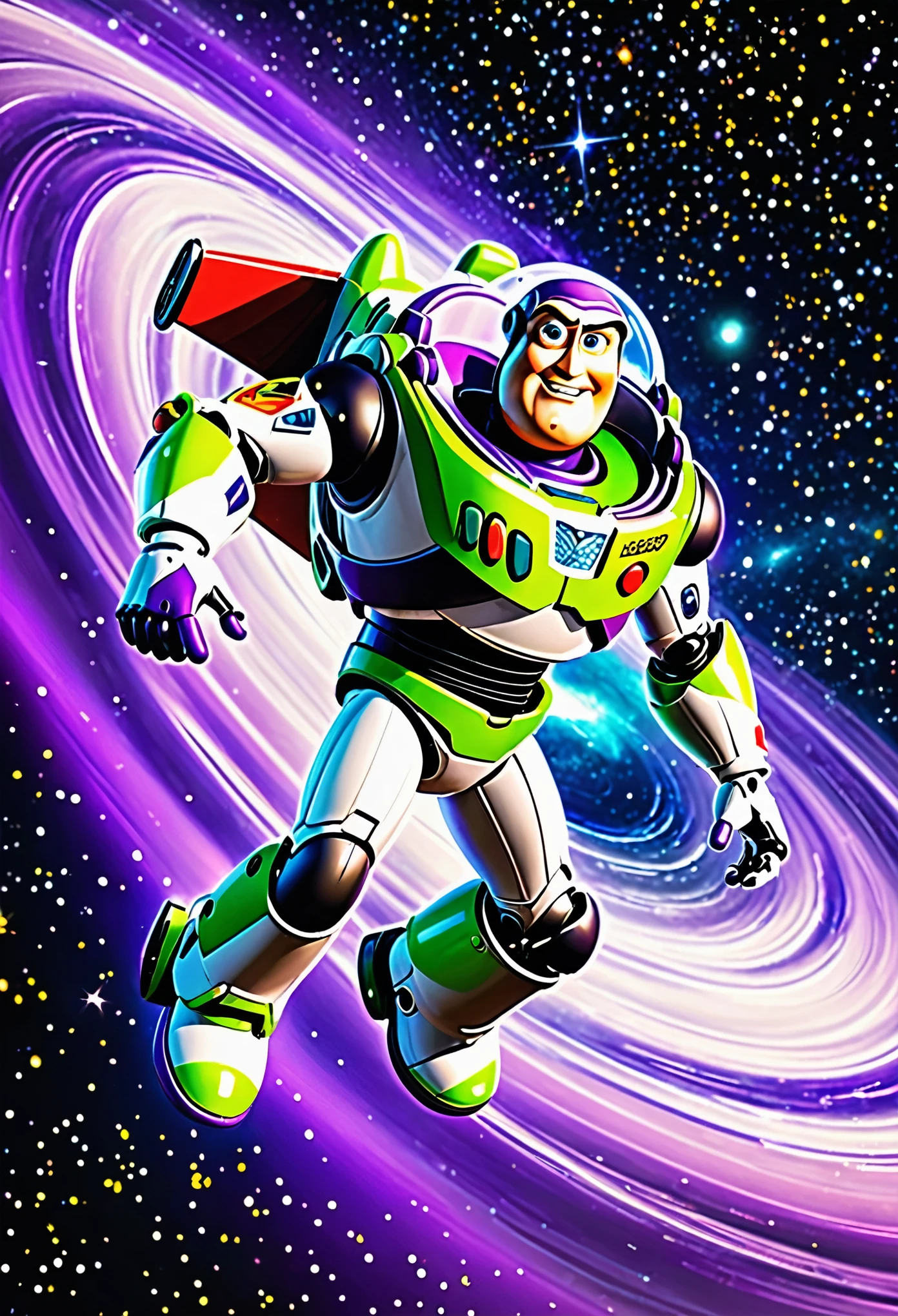 best quality, super fine, 16k, delicate and dynamic, giant buzz lightyear, background black and purple swirling black hole, galaxy, motion blur, action blur, various image effects