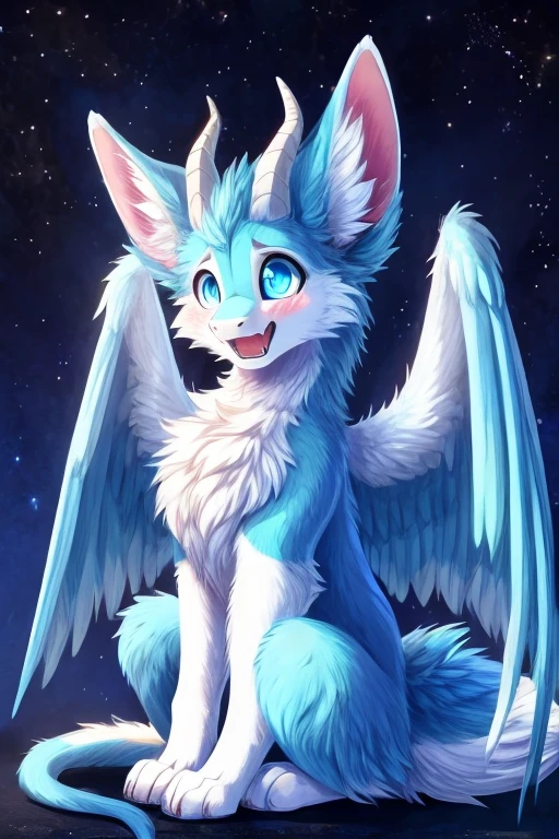 furry art, feral, furred dragon, female, white and blue fur, wings, big ears, four ears, multiple ears, horns, tail, chest fluff, paws, fangs, embarrassed, happy, blind, faded eyes, faded blue eyes, white pupils, staring off into space, quadruped