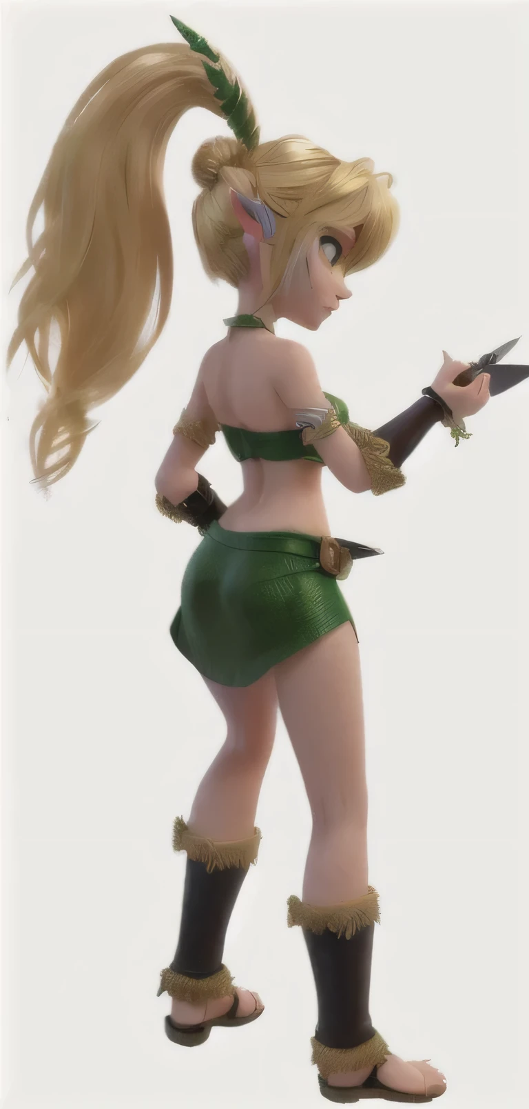 1girl, green costume, holding knife, close-up, golden-haired emerald warrior, complex battle pose, (((insane))) elven princess, elven rogue, backview, tight mini skirt succubus, elfpunk, martial artist tree nymph, waist shot, sexy golden-haired warrior, twisted pose, second life avatar