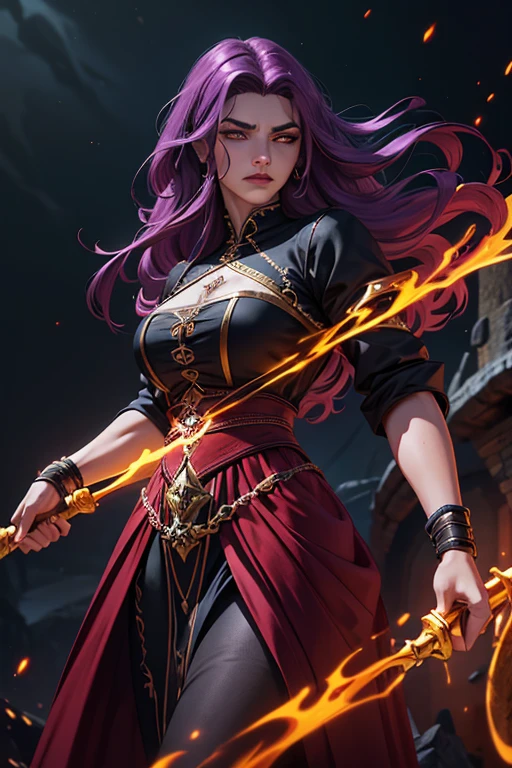 mulher, medusa, (meia-idade feudal:1.1), Slavic appearance, (cabelo longo liso roxo gradiente pro vermelho), (olhos vermelhos), (look of strong expression), batom roxo, Pele clara, (Black Gothic clothes with red details:1.1), Yellow scales on the hands, cinematic lighting, mystical atmosphere, Dynamic focus, ultra Reality, ultra Realistic, ultra qualidade, Real, Real texture:1.1, Realistic clothes:1.1, 8k insanos,  Absurdo,