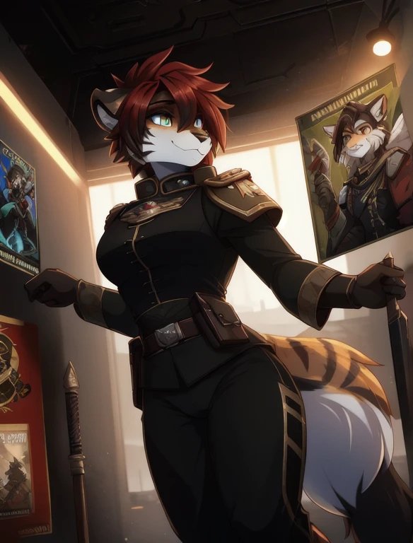 Warhammer_40 thousand_Commissar,((masterpiece)), (Best quality), (detailed), Black uniform, mascara, Eyeliner, eyeshadow, Upper body, pomade, женщина anthro furry tiger, Propaganda poster, wicked, bristle,
 (8k contract, masterpiece, Best quality, High quality, absurdity, ultra-detailed), (white pussy),(fluffy),(fighter),(RPG style),(soft lighting),(semelhante ),(Detailed eyes),