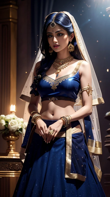 4K,
 Ultra-high resolution,
 masterpiece,
 1 girl,
 Nice face,
 Fine grain,
 Detailed lips,
 Very long hair,
 Straight hair,
 Very long hair,
 Beautiful Hair,
 hair Decorations,
 hair band,
 Gradient Hair,
 ((Indigo Lehenga)),
 ((Bridal Lehenga)),
 ((Decorative blouse)),
 sardine,
 ((Lehenga Jewelry)),
 ((Transparent indigo lace)),
 ((Diamond Bracelets)),
 ((meanwhile)),
 Decorations,
 necklace,
 Earrings,
 high intensity lighting,
 ((naked)),
 Wedding Stage,
 Fujicolor,
 Depth of written boundary,
 Ray Tracing,
 Ultra-Realistic Details,
 Masterpiece,
 Full Body Shot