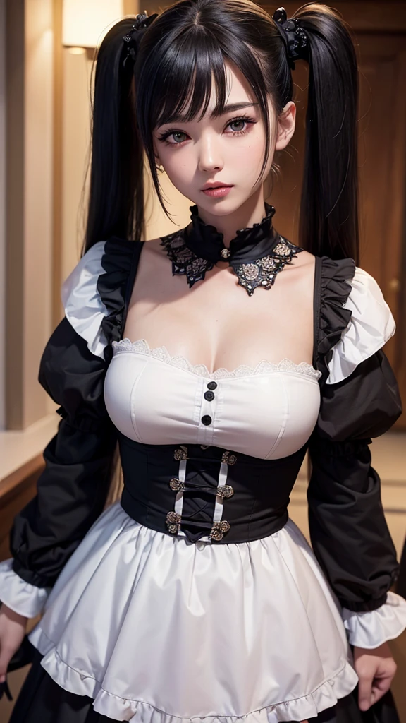 ((top-quality、in 8K、masterpiece:1.3, Photorealsitic:1.4, underground room, Realistic human skin)), standing, full body, Japanese high school girl, 1 female, A dark-haired, short hair ,With bangs, Medium-sized breasts, ((Gothic lolita, maid clothes, twintails hairstyle, Black eyes)), Highly detailed facial and skin texture, A detailed eye, Detailed lips、Highly detailed hair depiction, Natural makeup:1.2