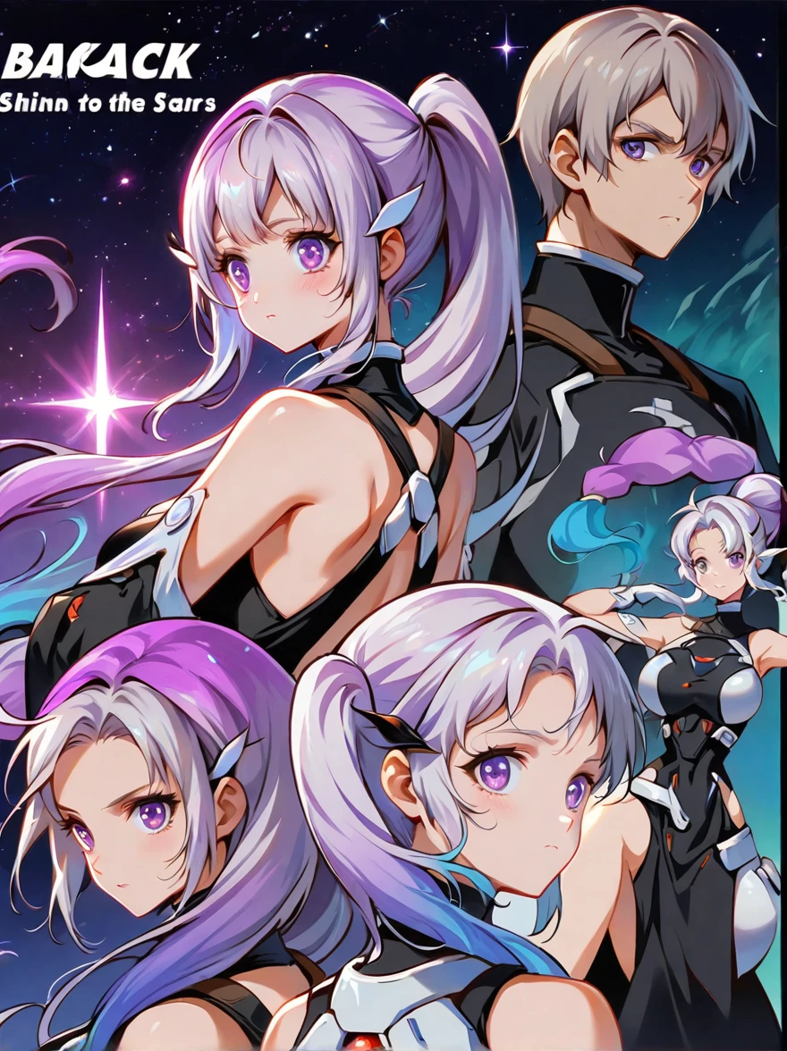 1yj1，(1boy:1.5)，(Boy and girl back to back:1.9)，Anime Girl, (Purple and White Ombre Long Ponytail), (There is a tuft of dark purple hair on the forehead, Colorful hair, (Deep purple eyes)，White mecha suitBREAK Black mecha dress, The figure is located in the center，yinji，Magnificent space image scenes，Shine under the stars，Anatomically correct，concise，Bright colors，Ultra high saturation，Minimalism, anime, Ghibli-like colours, character chart, projected inset