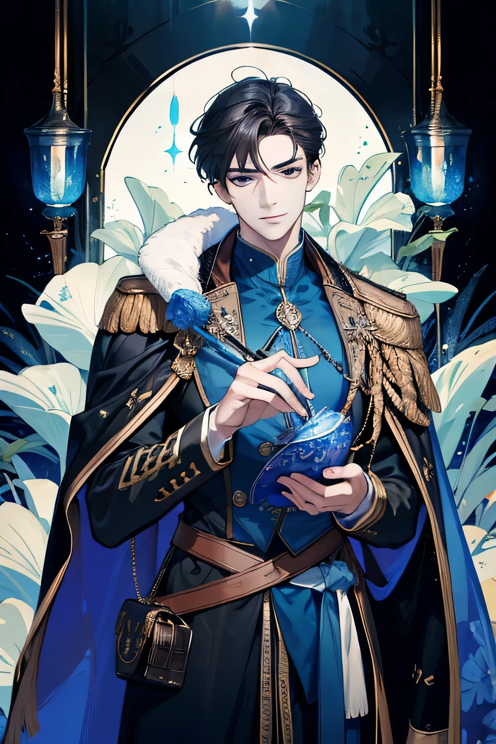 (absurdres, highres, ultra detailed), 1 male, adult, handsome, tall muscular guy, broad shoulders, finely detailed eyes, dark color hair, fantasy, complex pattern, detailed face, throne, magic effect, best ratio four finger and one thumb, ice, bitter cold, cold snap, smile, (dutch angle), closed mouth
