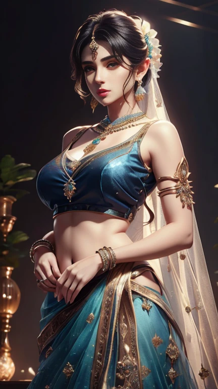 4K, Ultra-high resolution, masterpiece, 1 girl, Nice face, Fine grain, Detailed lips, Very long hair, Straight hair, Very long hair, Beautiful Hair, hair Decorations, hair band, Gradient Hair, ((Indigo Lehenga)), ((Bridal Lehenga)), ((Decorative blouse)), sardine, ((Lehenga Jewelry)), ((Transparent indigo lace)), ((Diamond Bracelets)), ((meanwhile)), Decorations, necklace, Earrings, high intensity lighting, ((naked)), Wedding Stage, Fujicolor, Depth of written boundary, Ray Tracing, Ultra-Realistic Details, Masterpiece, Full Body Shot