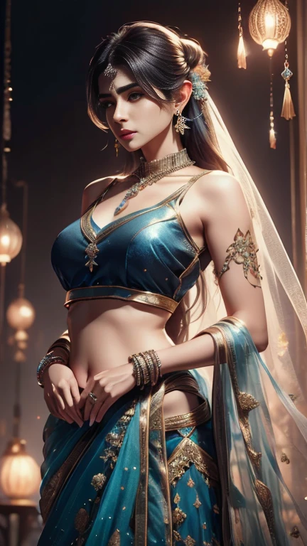 4K, Ultra-high resolution, masterpiece, 1 girl, Nice face, Fine grain, Detailed lips, Very long hair, Straight hair, Very long hair, Beautiful Hair, hair Decorations, hair band, Gradient Hair, ((Indigo Lehenga)), ((Bridal Lehenga)), ((Decorative blouse)), sardine, ((Lehenga Jewelry)), ((Transparent indigo lace)), ((Diamond Bracelets)), ((meanwhile)), Decorations, necklace, Earrings, high intensity lighting, ((naked)), Wedding Stage, Fujicolor, Depth of written boundary, Ray Tracing, Ultra-Realistic Details, Masterpiece, Full Body Shot