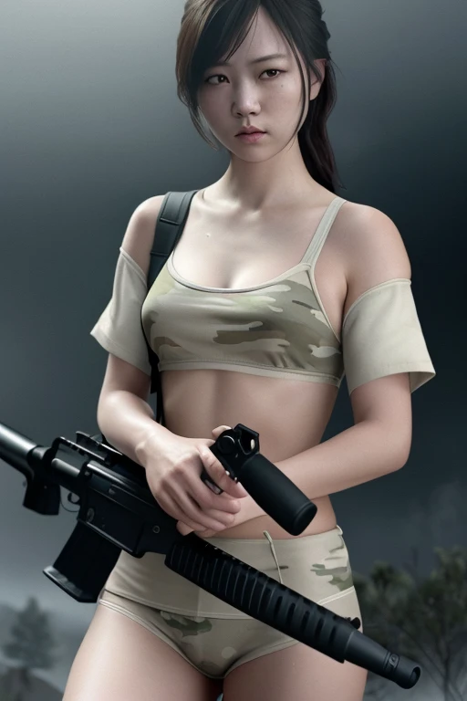a beautiful female soldier, holding a rifle, wearing short green camouflage shorts, white bra, sheer bra, in the midst of war, extremely detailed, 8k, photorealistic, hyperrealistic, highly detailed, masterpiece, cinematic lighting, dramatic lighting, cinematic atmosphere, dramatic atmosphere, muted color palette, military aesthetics, gritty textures, volumetric fog, depth of field, ambient occlusion