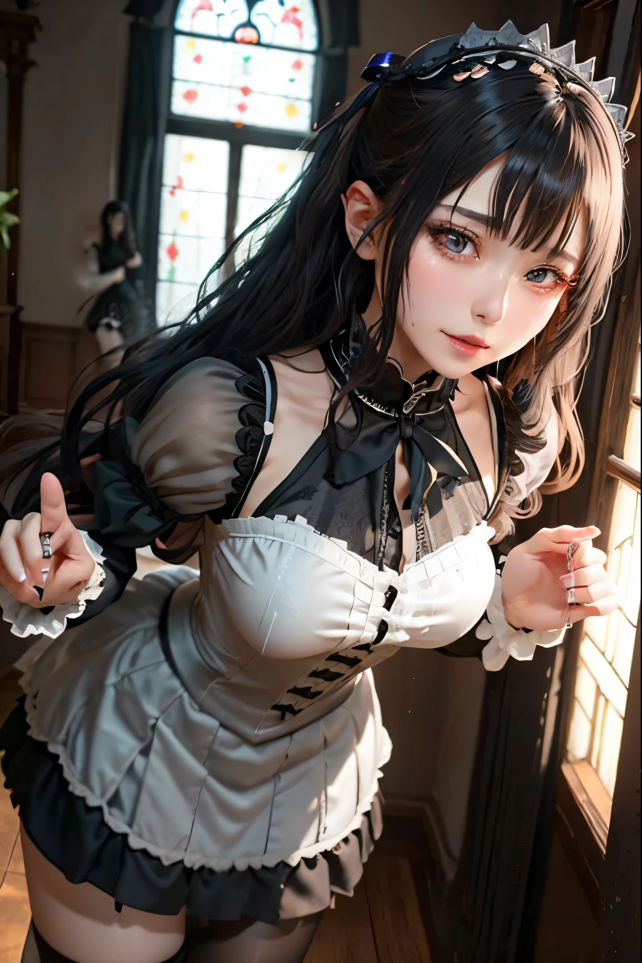 Hard Dark Gothic Makeup、Deep Night Sky、Horror、Black dark eyeshadow、cry、sad、Good skin radiance、Dark Gothicメイク、Dark smile、palace、The beauty of fragrance、24-years-old、Expressions of intense sexual pleasure、Embarrassed look、Dark Gothic、Obscene language、highest quality、Drunk face、紫のMaid clotheysterious、Noble、sexy、Loving smile、Twin tail hair、Right blue eye, Left eye is red、Platform Heel Shoes、Heavy makeup、Gothic ta Clothing、A little slimmer、Silver Hair、Long Hair Straight Hair、Cute Gothic Loliress、Beautiful Face、elegant features、Fascinating face、Stained glass is the background、Chest glistening with sweat、The room is dark、goth long dress、Bell Sleeves、Wizard Sleeve、Decadent look、Sexually excited expression、Glossy thighs wet with water、Thighs that are wet and shiny with oil、Background of a room full of roses、sad expression、Rose Maiden、The embroidery is pink、The dress has pink embroidery、Thigh-high socks、Knee-high socks、Gentle expression、Dark black eyeshadow、Stained glass and rose background、Female Duo、Female couple、dark church background、Stained glass、Black metal world、Dark Castle、Dark Room、Slender body、upright、walk、Are standing、gothic long dresaid clothes、Victorian dresses、Her thighs glisten with sweat、My body is wet and shiny、Lots of glitter on the thighs、sweating、My thighs are sticky from sweating、Sweat glistens on the thighs, The whole body is sweaty and shiny、Quite sweaty、My thighs are sweaty、My thighs are so wet、My thighs are shining with sweat、A lot of sweat glistens all over the body、The thighs are the best、Thighs are glamorous、Small breasts、Playing guitar、Singing while playing the guitar、les paul guitar、Holding a guitar、Playing in a band、Playing guitar chords、