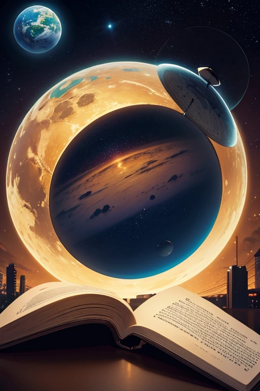 Two hands holding an open book, From the book came a planet in the shape of a lamp, fundo da cidade com pessoas, fundo desfocado, imagem realista.