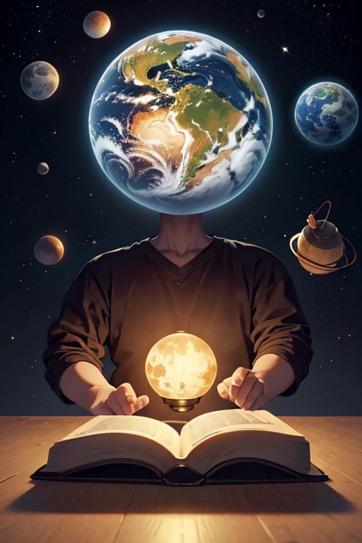 Two hands holding an open book, From the book came a planet in the shape of a lamp, fundo da cidade com pessoas, fundo desfocado, imagem realista.