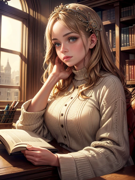 a girl sitting by a sun-lit window in a library, reading a book, beautiful detailed eyes, beautiful detailed lips, extremely detailed eyes and face, long eyelashes, natural lighting, warm colors, photorealistic, 8k, hyper detailed, high quality, masterpiece, vibrant colors, cinematic lighting, intricate details, cozy library interior, wooden table, bookshelf background