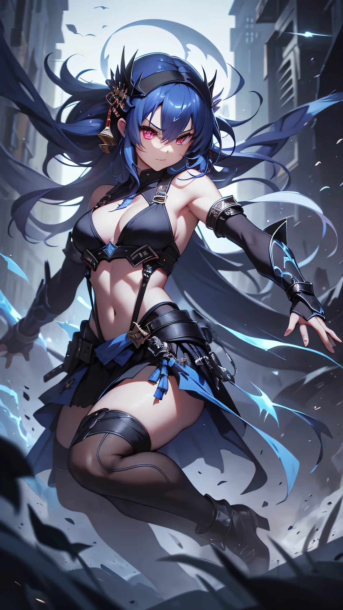Highest quality、Highest quality、Masterpiece、girl((Age 25、as soon as、Highest Bust、Medium Bust、Wide open chest、Red glowing eyes、Black Ear、Red Mesh、Disheveled Hair、Loincloth、thin、The best valley、Open chest、Luminous Wristbands、hair ornaments、Full body view、Tank top、Black ninja costume、scar、Full body scar、Fighting Pose,Japanese sword、A little muscular、Blue aura))、high quality、Beautiful Art、background((night、Ninja World))、flight、Flying Debris、Depth of text、movie、Visual Arts、Perfect Art、8K、Genuine、