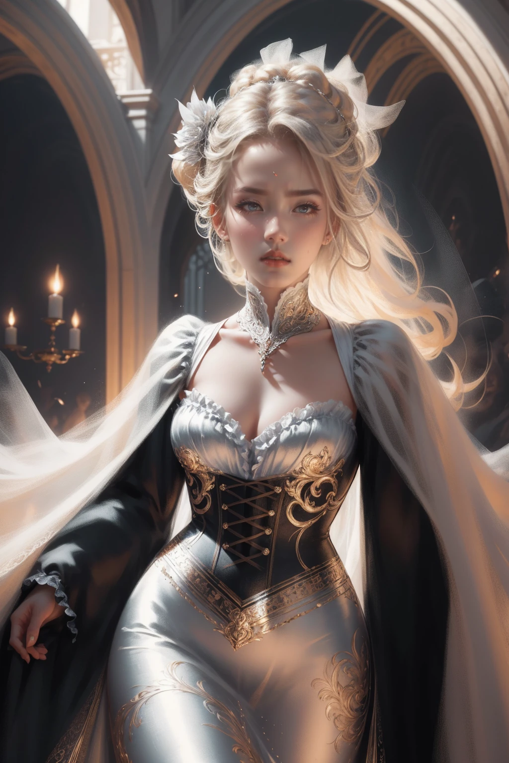 { - anatomy error}(Masterpiece - Ultra-detailed, very high resolution) Prepare to be enchanted by a true masterpiece that combines ultra-detailed art with high-resolution rendering. This work depicts a mesmerizing woman with very long blond hair (1.3) and captivating gray eyes (1.2), emanating an aura of elegance and mystery in Victorian settings. The intricate details and realistic textures invite you to explore every aspect of this enchanting composition. Woman wearing beautiful classic Victorian costume from the year 1878. Red lips. Happy face. Smiling. white (white) dress. Walking, backwards, looking back, dynamic poses. Get ready to dive into a world where beauty and craftsmanship merge perfectly.