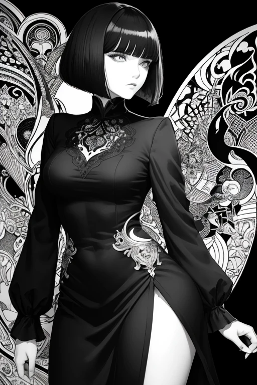 Beardsley style, femme fatale, ink art, pen and ink, (Best Quality,masutepiece:1.2),(black and white comic core:1.1),(extreme high contrast),Dark ink, 1 beautiful girl, side view, school_uniform, bob_cut_hair, bangs, Very_beautiful_face, very_beautiful_eyes, even_eyes