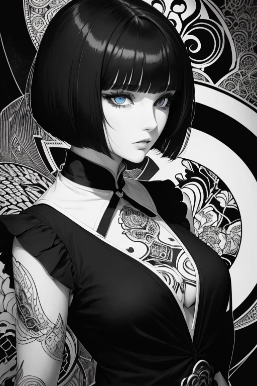 Beardsley style, femme fatale, ink art, pen and ink, (Best Quality,masutepiece:1.2),(black and white comic core:1.1),(extreme high contrast),Dark ink, 1 beautiful girl, side view, school_uniform, bob_cut_hair, bangs, Very_beautiful_face, very_beautiful_eyes, even_eyes