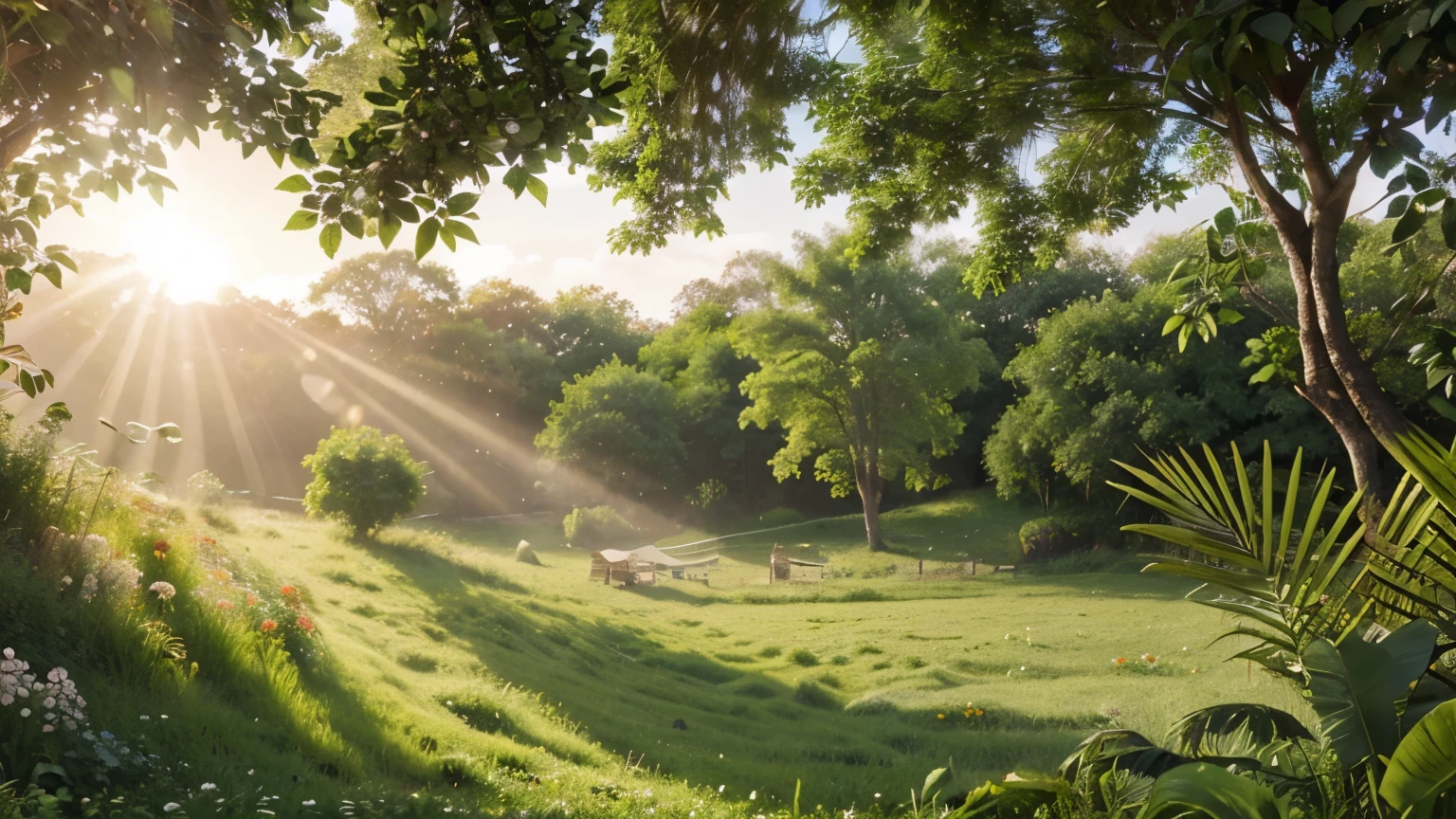 A natural health-themed banner background featuring lush green plants, leaves, and flowers, with soft sunlight filtering through, no people, creating a fresh and invigorating feel.
