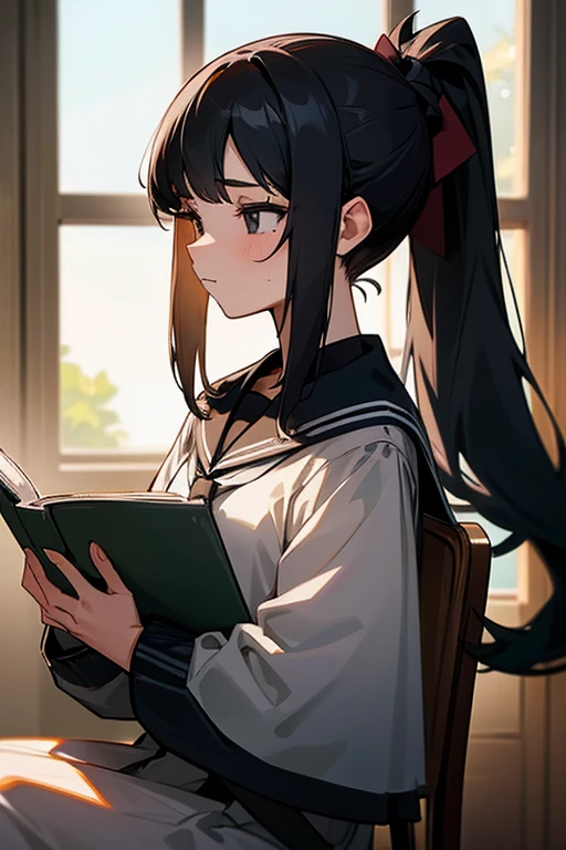 The female high school student has long hair, a black ponytail, and black eyes. She likes to read novels.