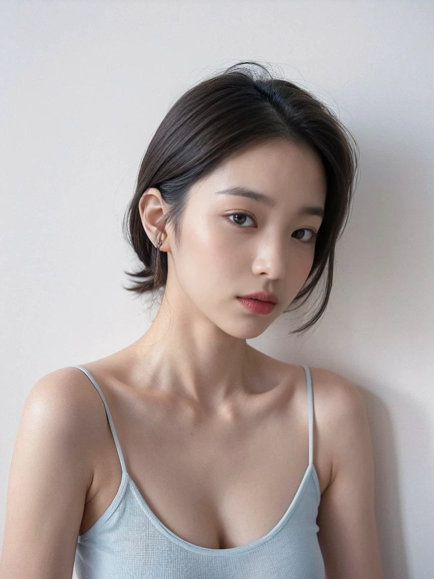 See-through tops、Big Breasts、camisole、(White wall as background、Some of her hair is sky blue:1.4)、White wall、Taken in front of a white door、(A room with a white wall and a window)、((highest quality、8k、masterpiece:1.3))、Ultra-high resolution、(photoGenuineistic:1.4)、RAW Photos、Japanese,(Detailed aspect)、Genuine、Photographed in natural light、Highly detailed face and skin texture、Highly detailed lips、The correct state of the human body、Medium Hair、Black Hair、Various poses、Natural color lip