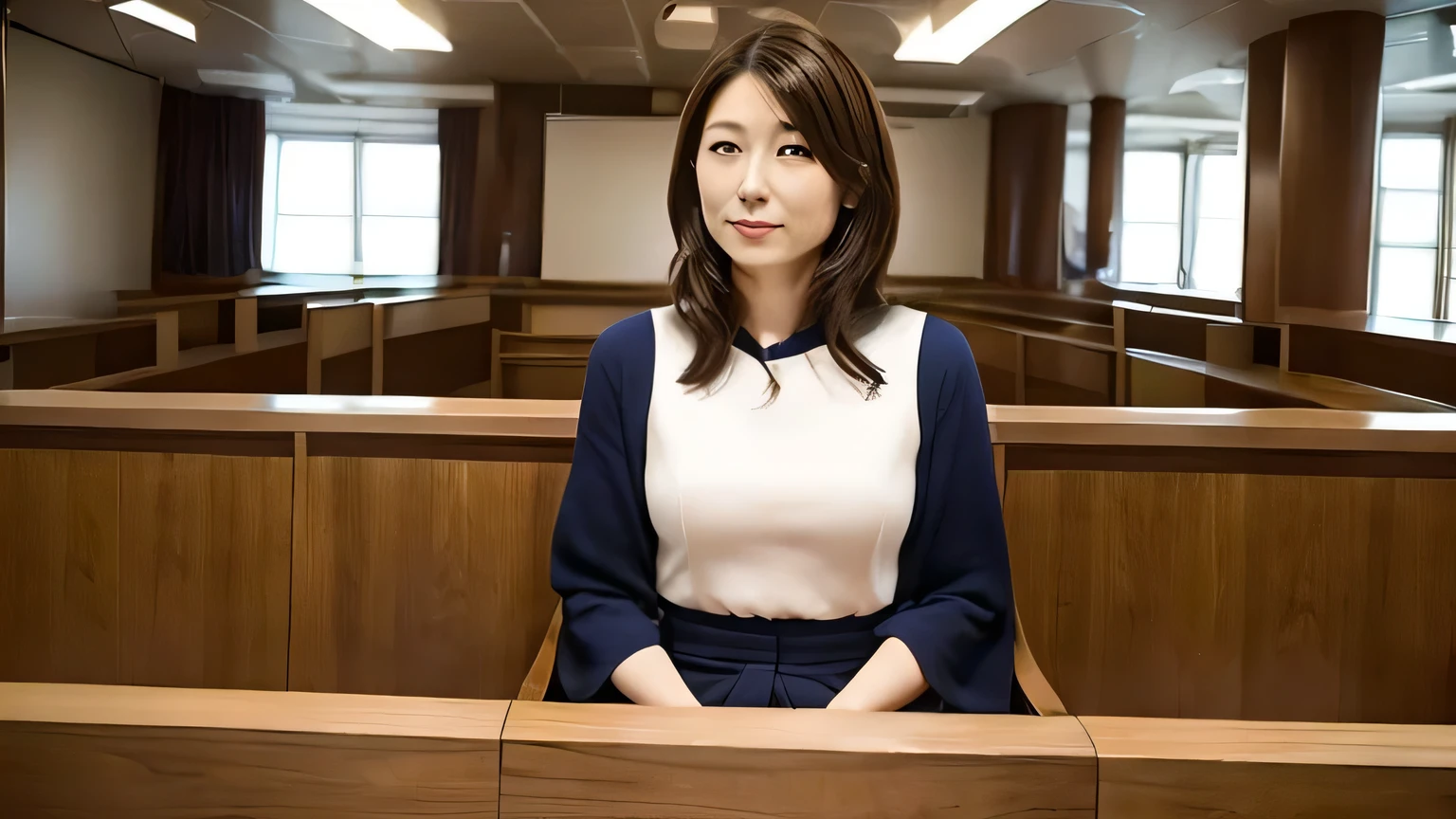 Beautiful Japanese female legislator asking a question inside the Japanese Diet building.