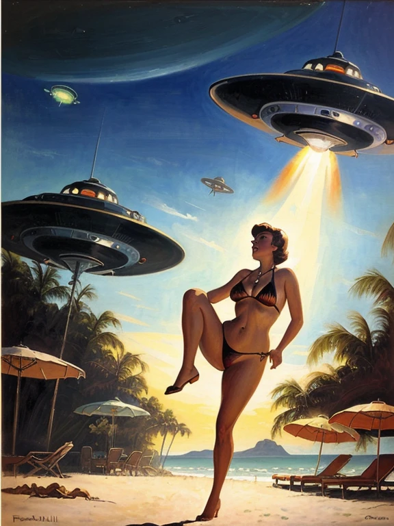 A painting of a woman in a bikini being abducted by a flying saucer on a beach,  5 0s Pulp SF Illustration, UFO kidnapping, Retro、Spooky sky、frank frazetta style