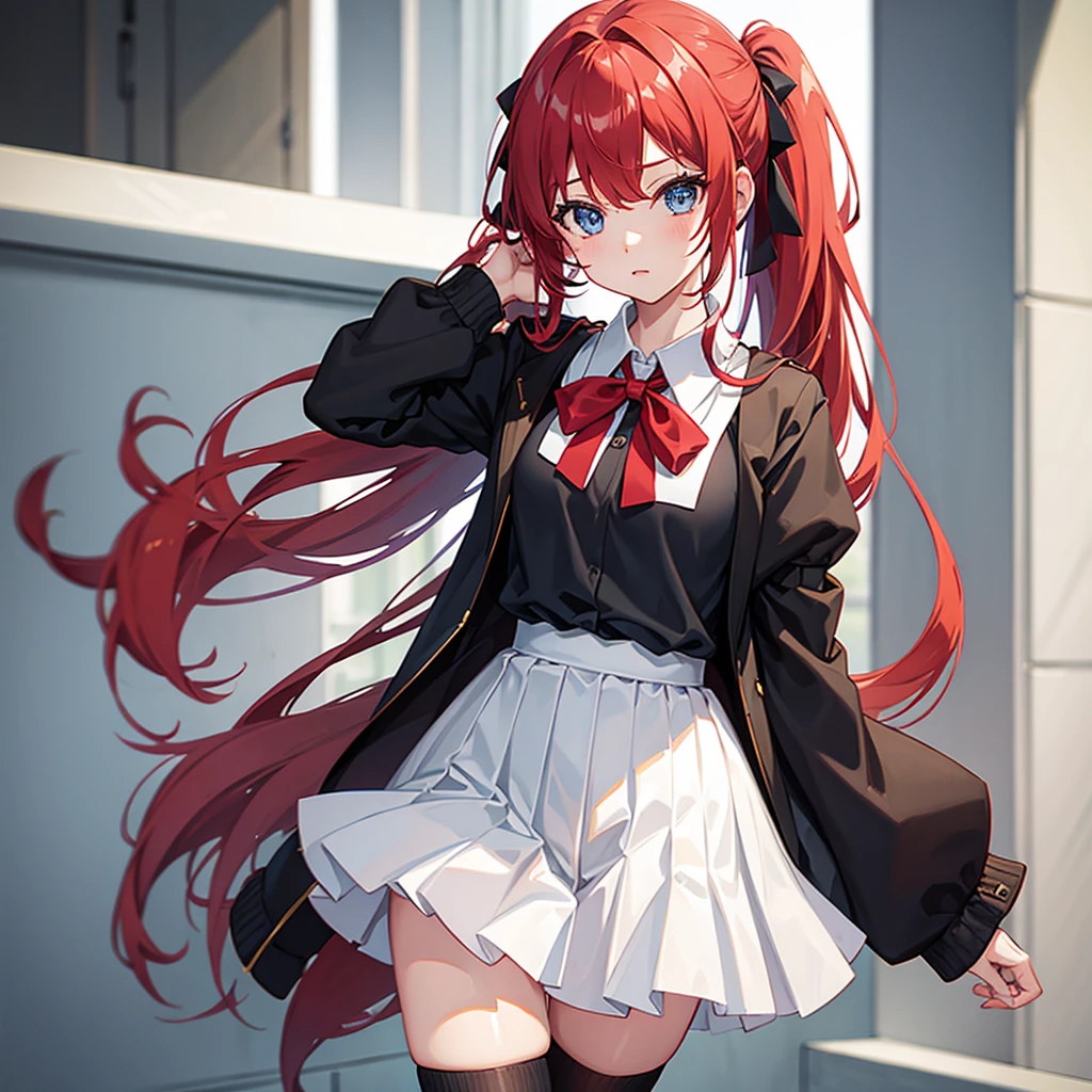1girl, solo,Ponytail,Red Hair,MASHIROIRO SYMPHONY, INUI SANA,Showing the panties,masterpiece,best quality,highres,ultra-detailed,inui sana,blue eyes,long hair,red hair,high ponytail,ahoge,braid,hair between eyes,bangs,hair bow,neck ribbon,long sleeves,white jacket,collared shirt,juliet sleeves,white skirt,(black socks:1.2)
