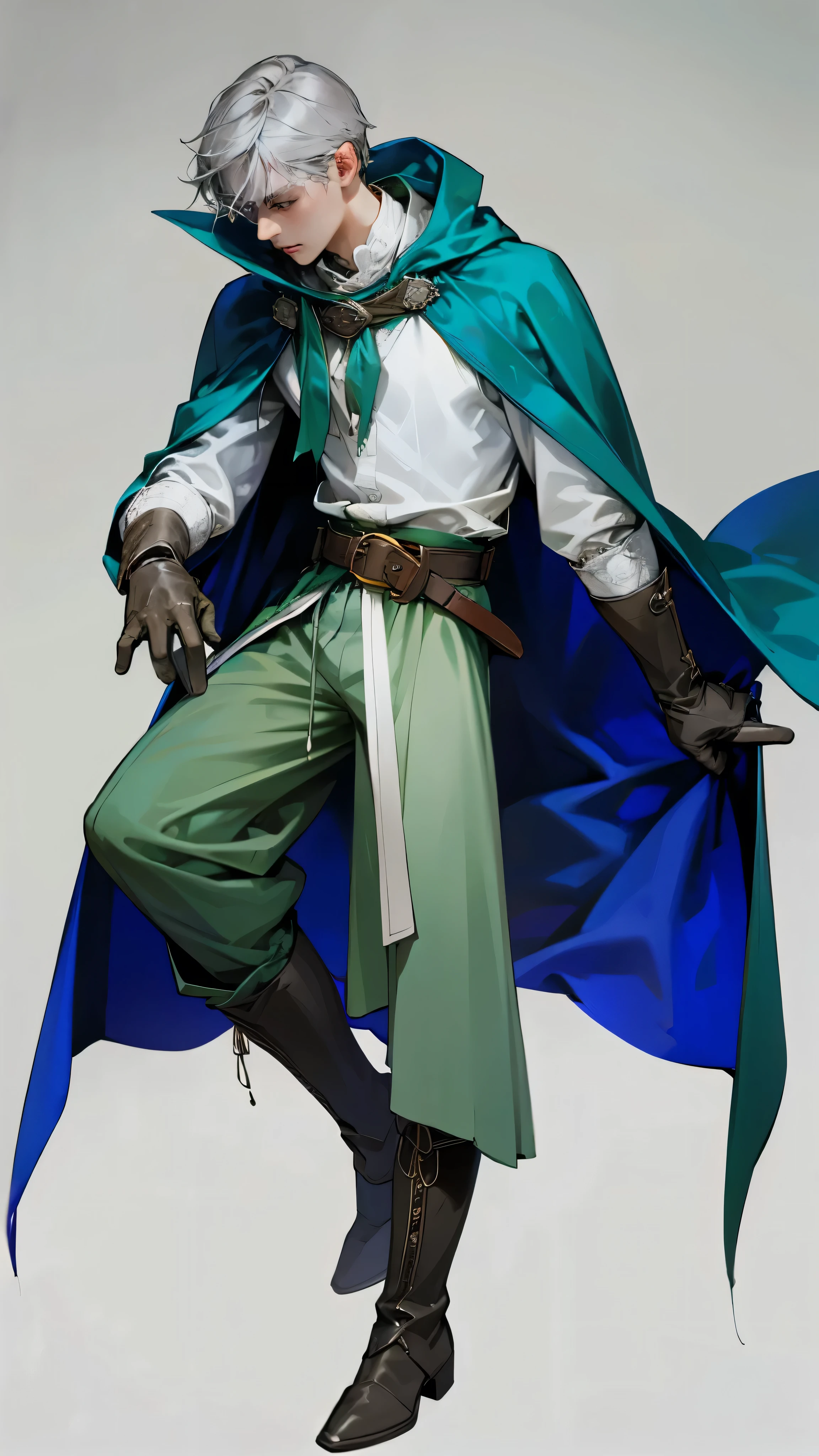 (good quality,realistic),young man,wizard,blue hood and cape,gray hair,gray eyes,white shirt,green shorts,boots,gloves,belt,