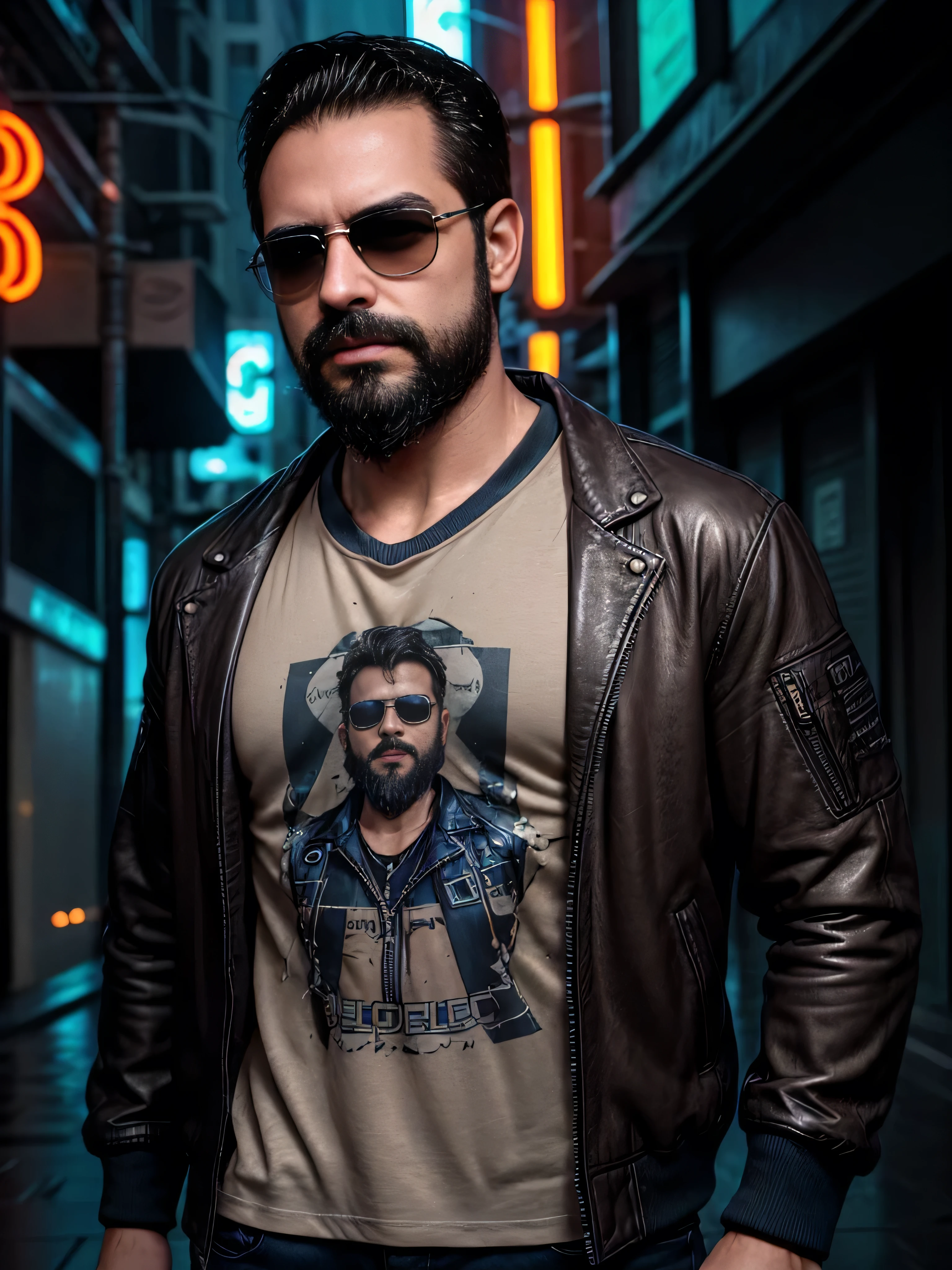 A very masculine 38-year-old man with a beard and sunglasses is depicted in a medium shot, showcasing his upper body. He is dressed in a stylish, fitted leather jacket over a graphic t-shirt, exuding a modern, edgy vibe. The background is an urban night scene with neon lights reflecting off wet pavement, creating a cyberpunk atmosphere. His expression is confident and relaxed, with a slight smirk. His beard is well-groomed, and his sunglasses have a sleek, modern design. The overall image should be ultra-detailed, capturing the texture of the leather jacket, the glow of the neon lights, and the intricate design of the graphic t-shirt.