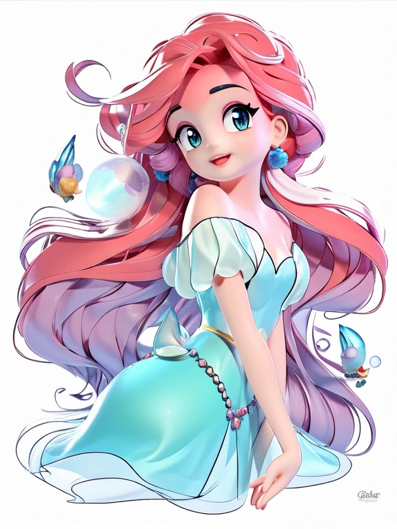 ariel la sirenita,Primer plano de pelirroja, estilo estilo disney, lindos pechos grandes, Chibi, inspirado en puru, arte oficial, Excelente, Burbuja, estilo pomart, obra maestra, mejor calidad, 3 d model, fotorrealista, ricos detalles, Mezclador de renderizado HD, material de arcilla, fondo blanco
