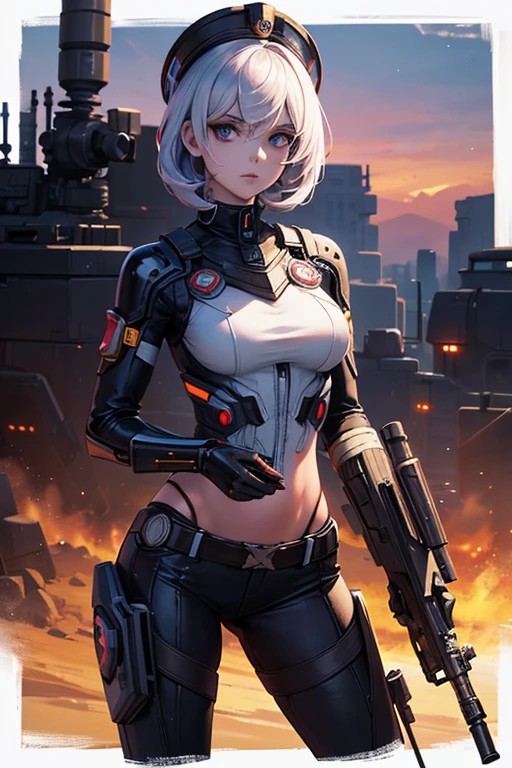 there is a woman holding a gun in front of a spaceship, ruined empire in the background, arte oficial do personagem, eternal doom zombie, Orianna, pintura de c - 3 p 0, inspirado em Sargent Johnson, planet sky in the background, imagem promocional juno, capacete completo