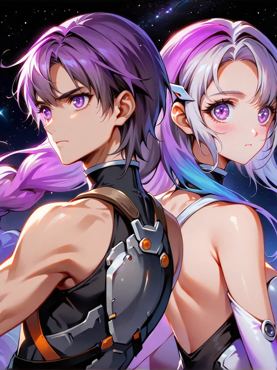 1yj1，(1boy:1.5)，(Boy and girl back to back:1.9)，Anime Girl, (Purple and White Ombre Long Ponytail), (There is a tuft of dark purple hair on the forehead, Colorful hair, (Deep purple eyes)，White mecha suitBREAK Black mecha dress, The figure is located in the center，yinji，Magnificent space image scenes，Shine under the stars，Anatomically correct，concise，Bright colors，Ultra high saturation，Minimalism, anime, Ghibli-like colours, projected inset