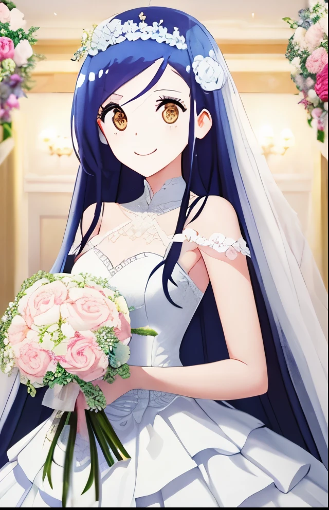 girl with、No background、without background、Background through, plait、Bouquet of flowers、florals、Have a bouquet、wedding dress、bride、Bride appearance、White Prom Dresses、florals、A smile、kawaii、